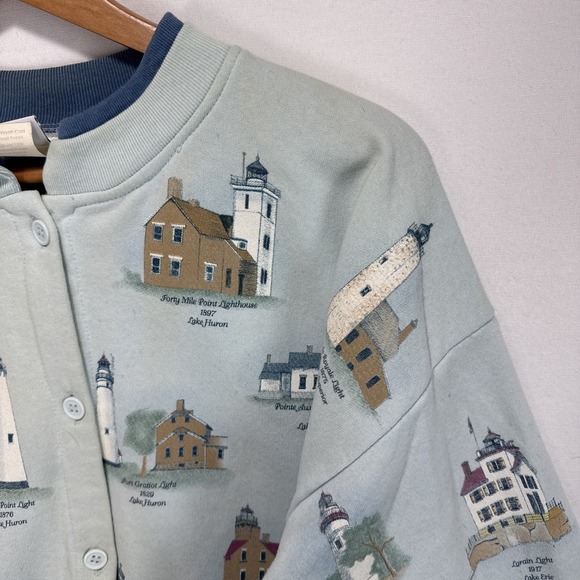 Artisans Sunschein Designs Michigan Lighthouse Cardigan USA 90s All Over Design - Picture 6 of 10